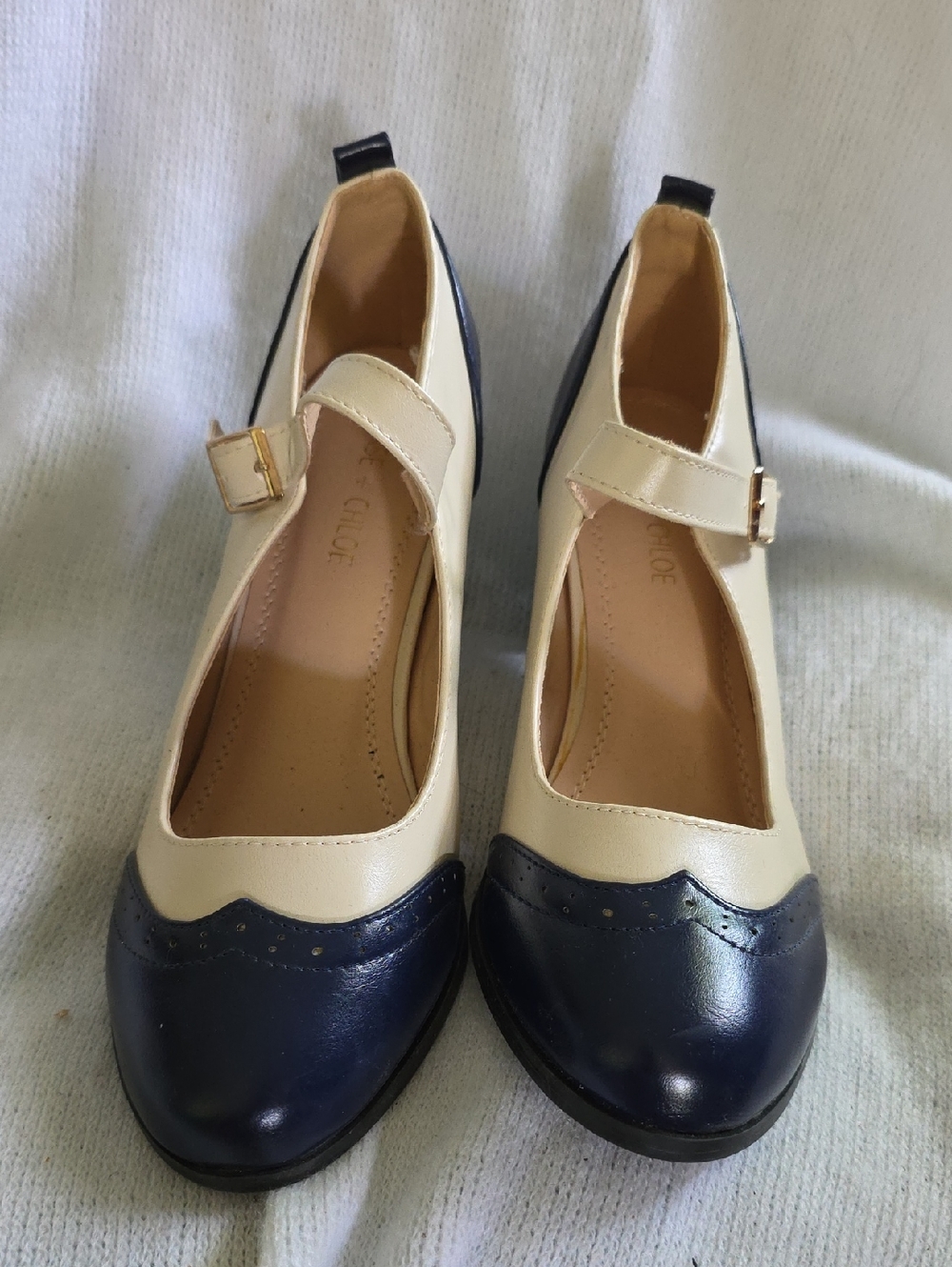 Chase + Chloe Navy and Cream Mary Jane Heels with Gold Buckles. 8.5
